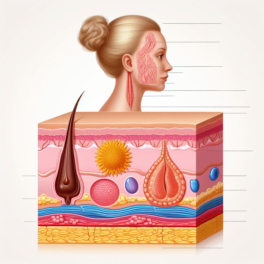 Esquema anatómico que muestra la estructura de la piel y el folículo piloso. Alopecia areata