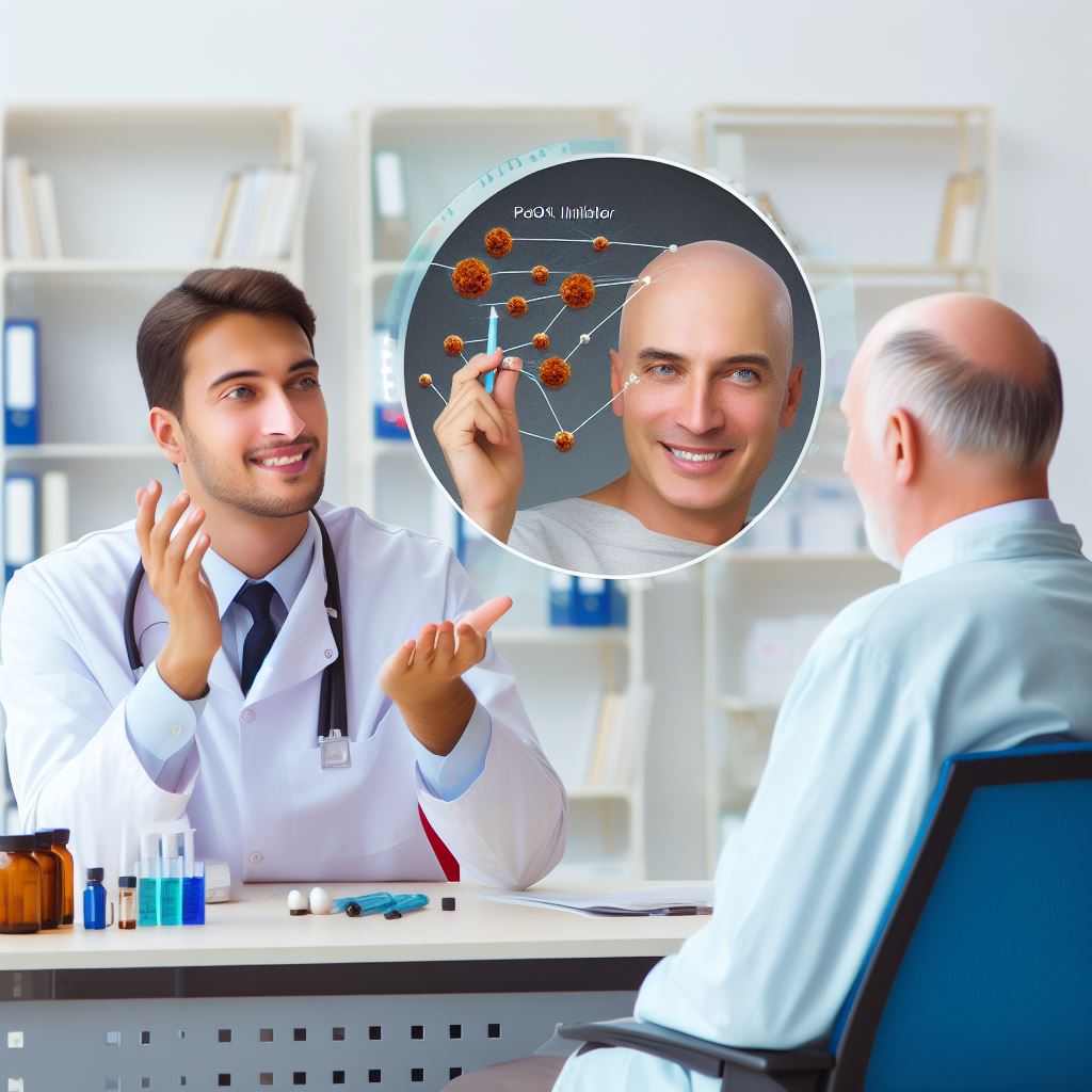 Un dermatólogo habla con un paciente sobre el uso de inhibidores JAK como parte de su tratamiento para la alopecia areata