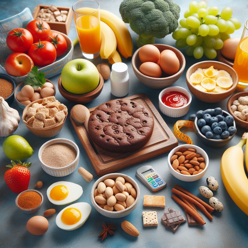 Mesa con alimentos adecuados para la dieta de diabetes gestacional