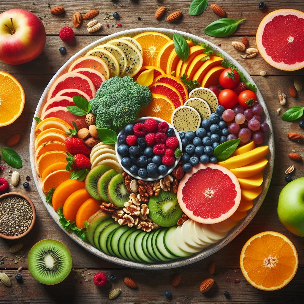 Plato saludable para diabéticos: verduras frescas, proteínas magras y granos enteros.